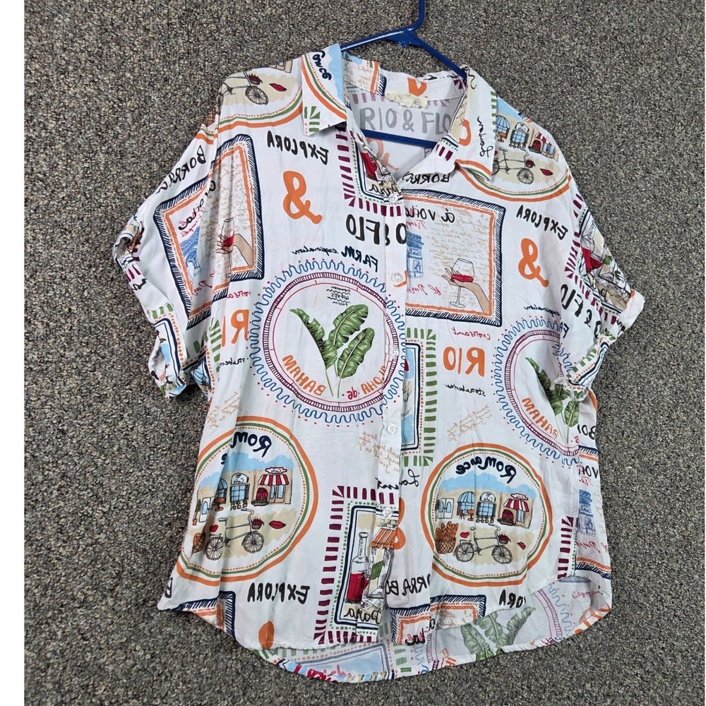 Sunburst Kiss Button Down Womens Large White Travel Novelty Print Rayon Shirt - Picture 5 of 7